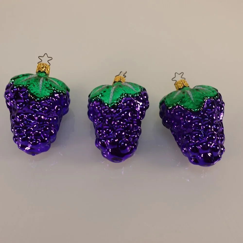 Vintage Lot of 3 Inge Glas Purple Grapes Hand Blown Glass Ornaments Germany